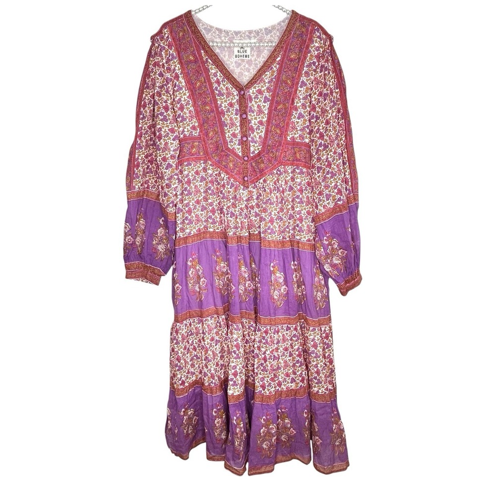 Blue Boheme Boho Peasant Dress M/L Indie Cottage Floral Festival Midi Romantic